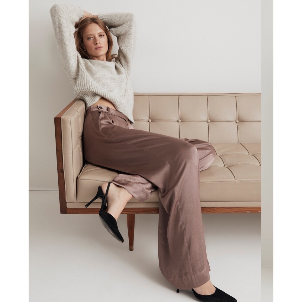 Madewell The Harlow Wide-Leg Pant Satin Pleated High Rise Brown CKP481060350 4 - Picture 2 of 12
